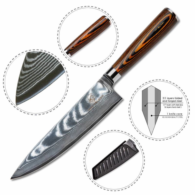 Wolfblood Zeuß Set Santoku Damastmesser Küchenmesser Kochmesser Officemesser